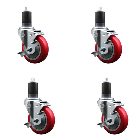 Service Caster 4'' Red Poly Swivel 1-5/8'' Expanding Stem Caster Set with Brake, 4PK SCC-EX20S414-PPUB-RED-TLB-158-4